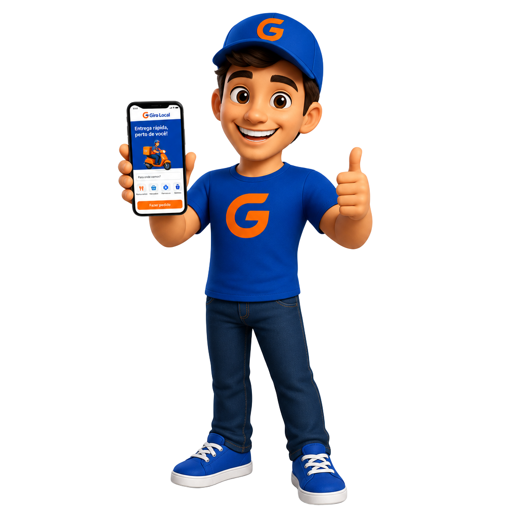 Giro, o mascote oficial do Giro Local App, segurando um smartphone